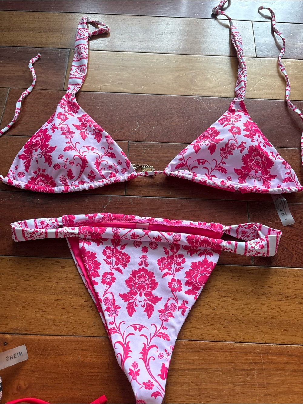SHEIN Pink and White Floral Triangle Bikini Set